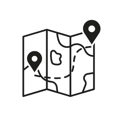 Line drawing of a folded map with two location pins and a winding path.