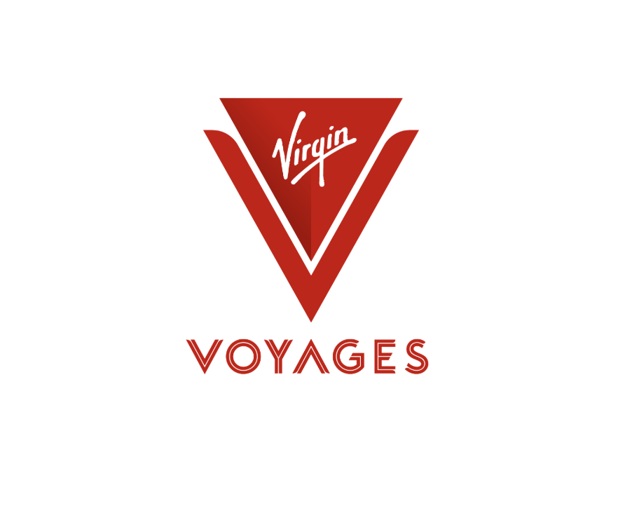 Virgin Voyages logo featuring a red downward-pointing triangle with the word 'Virgin' inside, and the company name 'VOYAGES' written below in red capital letters.