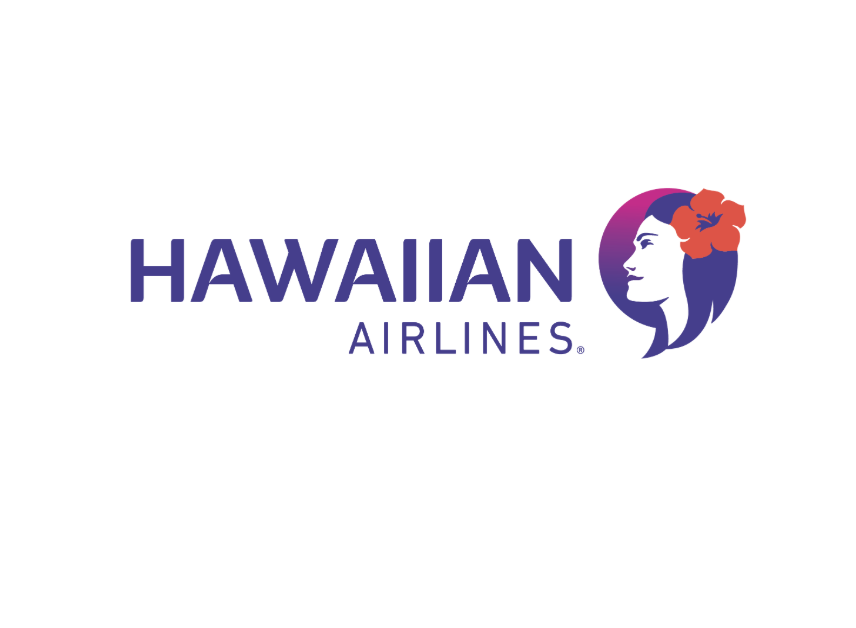 Logo of Hawaiian Airlines featuring a profile of a woman with a red hibiscus flower in her hair and the text Hawaiian Airlines.