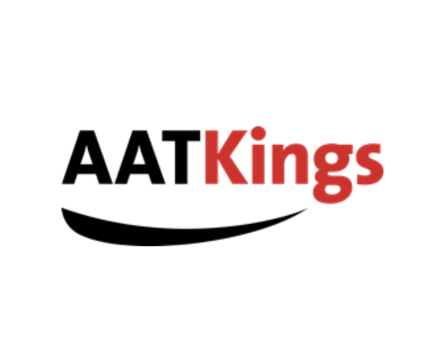 Logo with the text 'AATKings' in black and red, and a curved black line underneath.