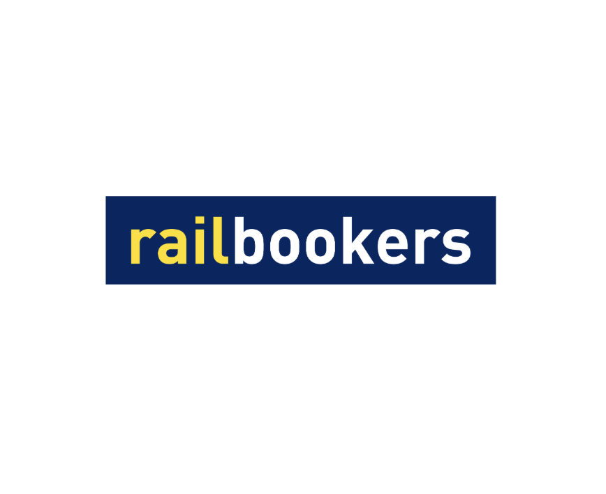 Logo with the text 'railbookers' in yellow and white on a dark blue background.