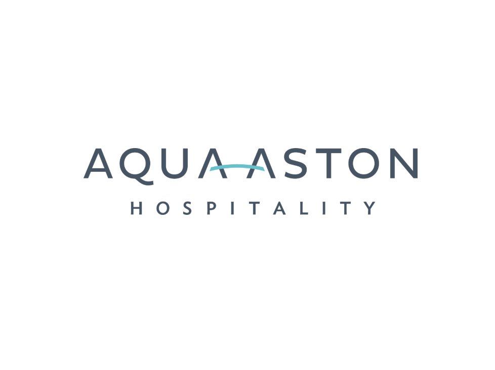 Logo for Aquaston Hospitality with the word 'AQUA' styled with a blue curved line resembling a wave above the letter 'A', and the word 'HOSPITALITY' below.