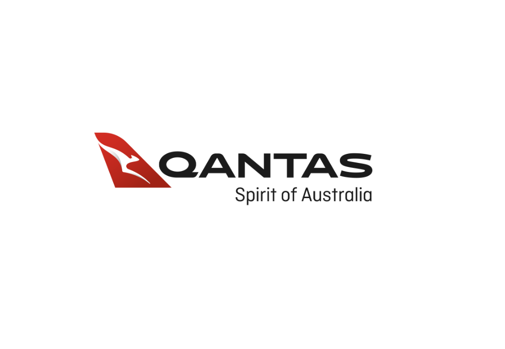 Qantas logo with a red kangaroo symbol and text 'Qantas Spirit of Australia' on a white background.