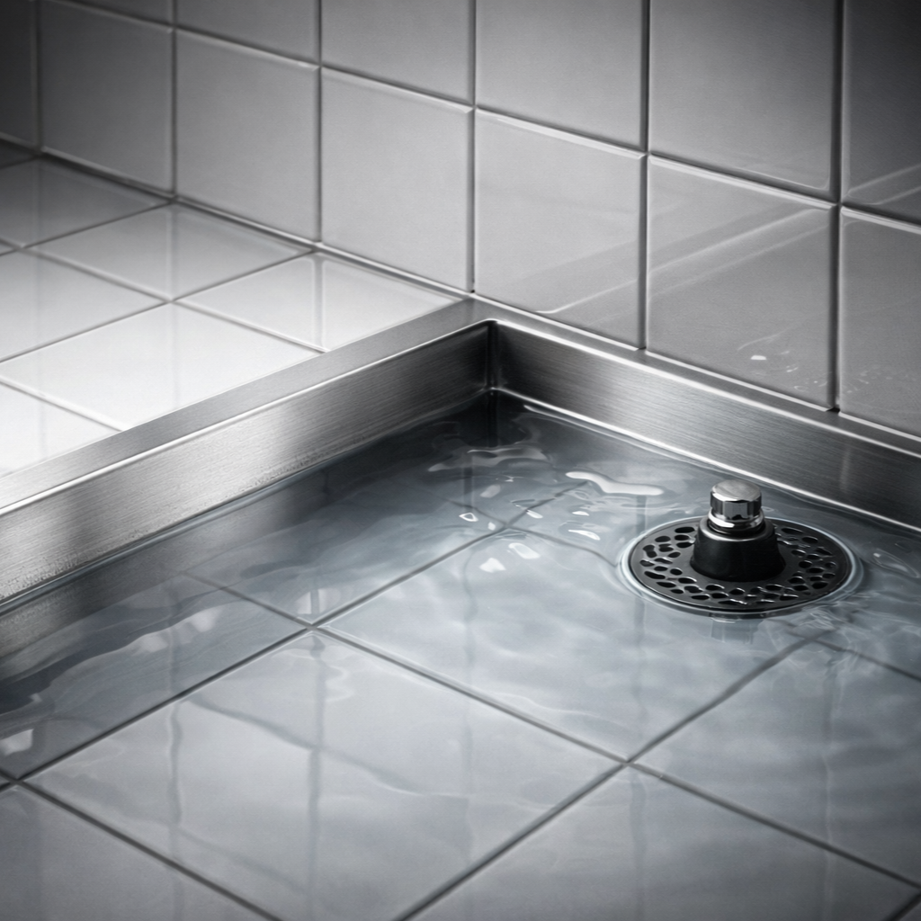 A close-up of a stainless steel floor drain surrounded by white ceramic tiles on a commercial kitchen or bathroom floor.