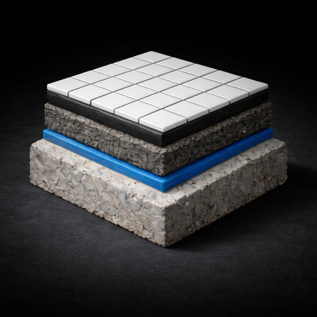 Stacked layers of different textured materials, topped with white tiles, against a black background.