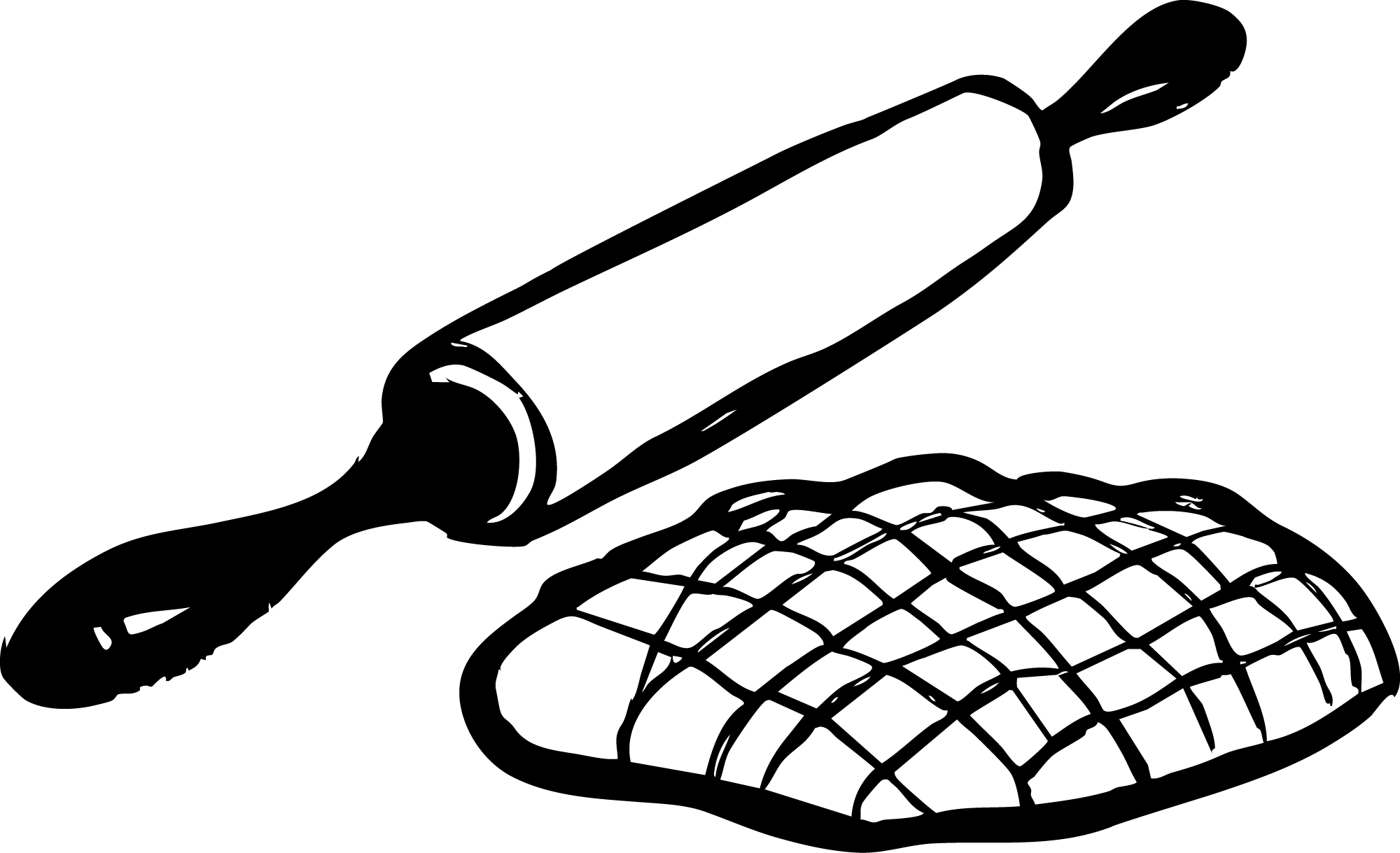 Illustration of a rolling pin above a piece of dough on a textured baking surface.