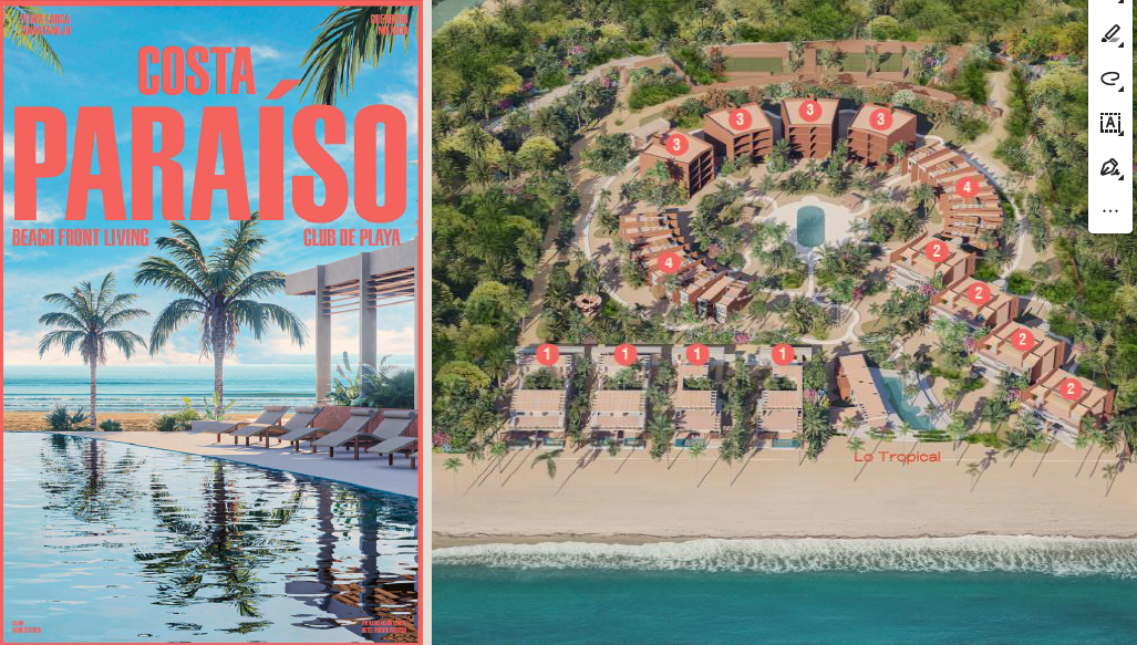 Master Plan of costa paraiso and render of beach club in Playa larga zihuatanejo
