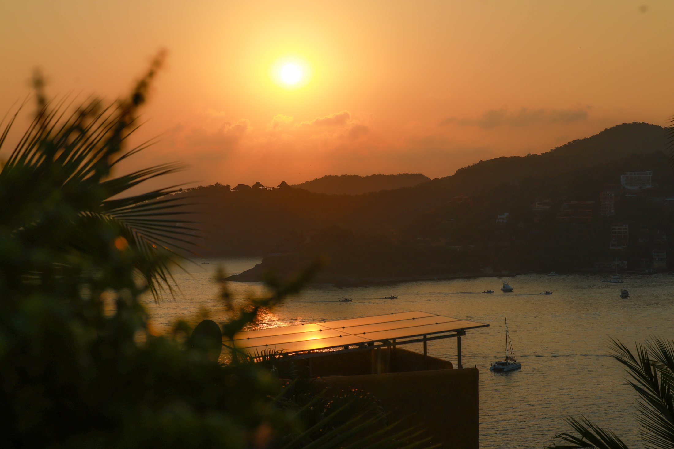 Sunset over the pacific with boats, silhouette of hills, and tropical plants in the foreground. perfect zihutanejo sunset.