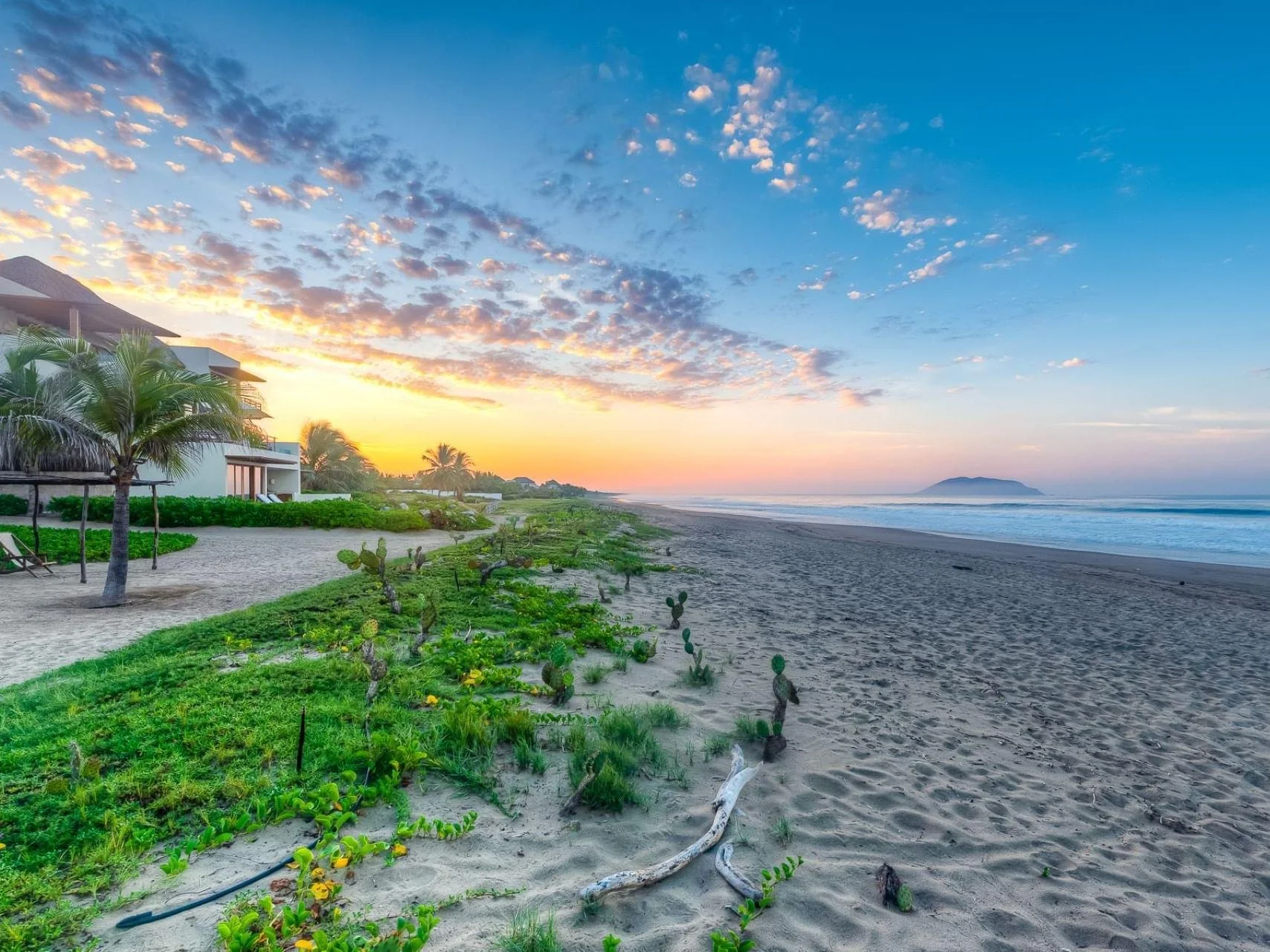 A scenic beach at sunrise with the sky filled with orange, pink, and blue colors, palm trees, greenery, and cacti along the sandy shore, with an island visible in the distance over the ocean.