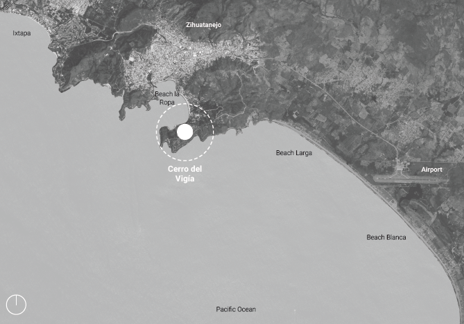 Map showing the location of Cerro del Vigía in relation to Playa La Ropa, Zihuatanejo, and Ixtapa.