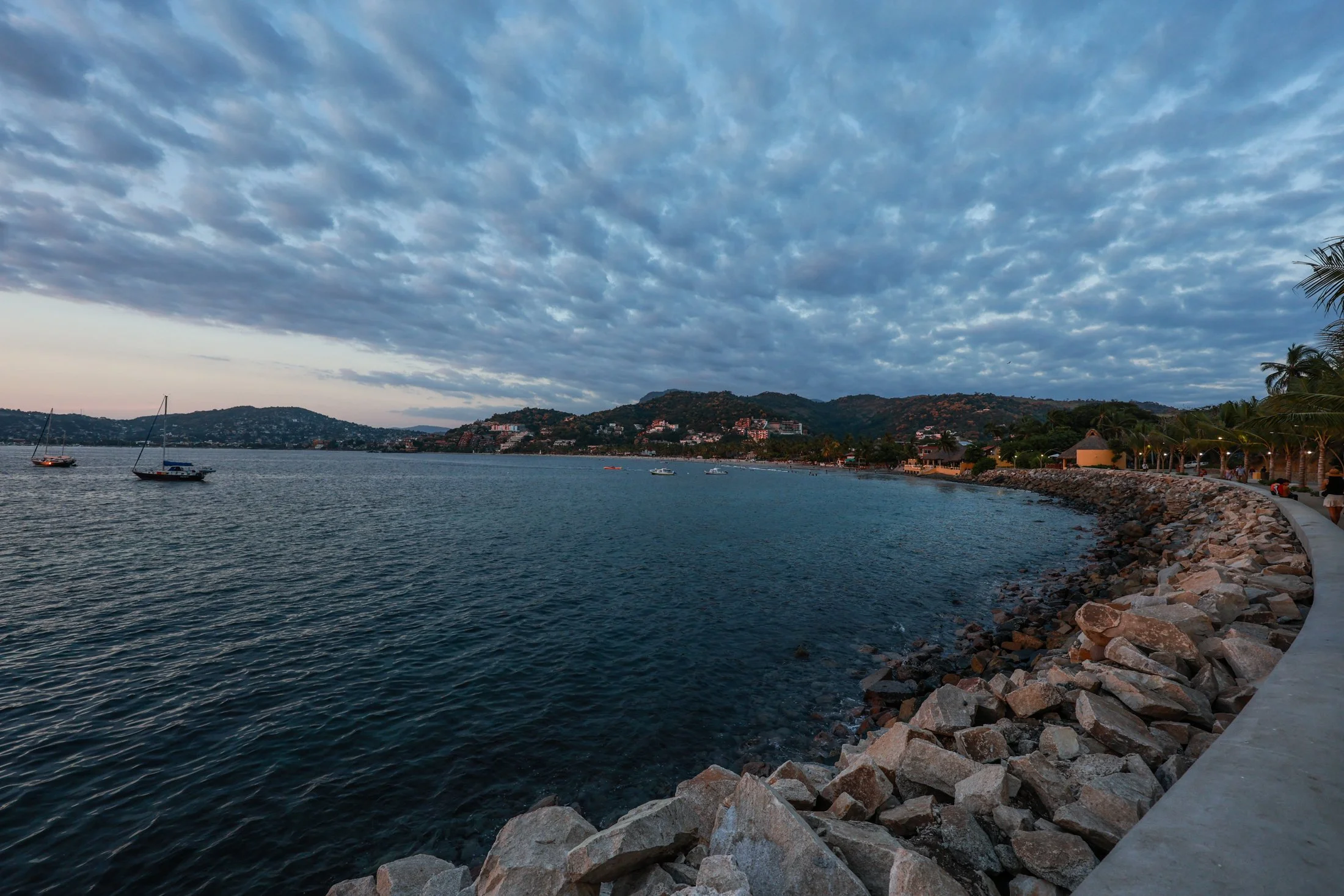 View of new walkway in La Ropa beach at sunset