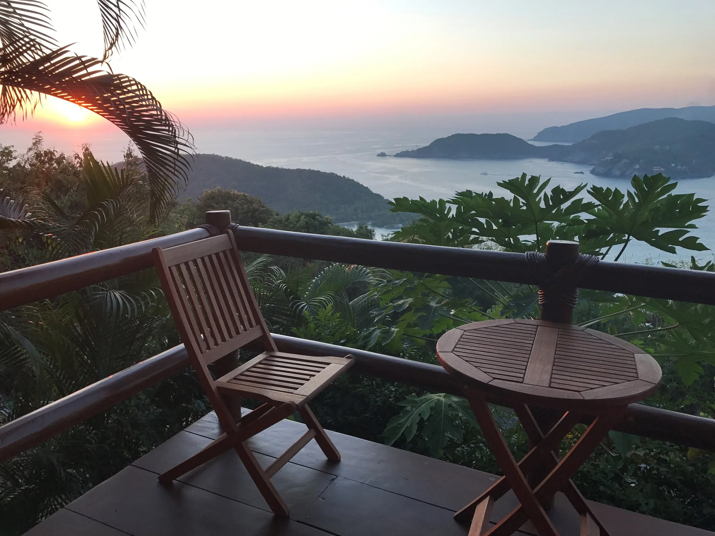 Oceanview residence at sunset in Cerro del Vigía, Zihuatanejo.