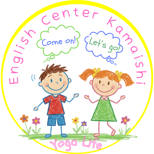 A colorful logo with a boy and girl cartoon characters smiling and standing on grass with flowers, surrounded by text that reads "English Center Kangaishi" and "Yoga Life," with speech bubbles saying "Come on!" and "Let's go."