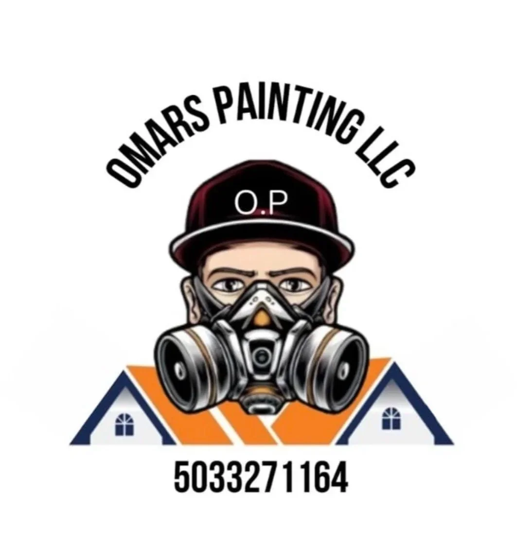 Logo for Omars Painting LLC featuring a man with a face mask and a gas mask, wearing a black cap with red brim and white letters 'O.P', with houses in the background and a phone number at the bottom.