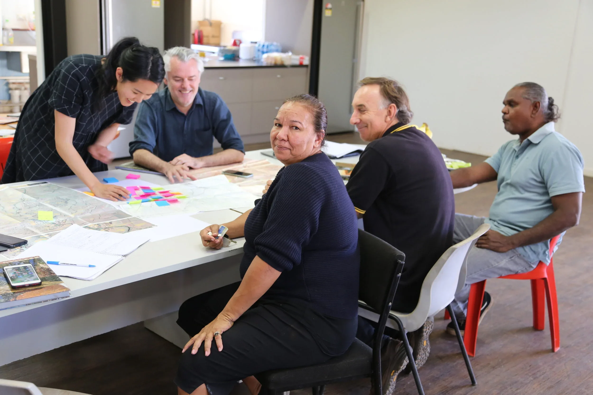 Group of five diverse people sitting at a table with maps, notebooks, and sticky notes, engaged in a planning or discussion session in an office setting.