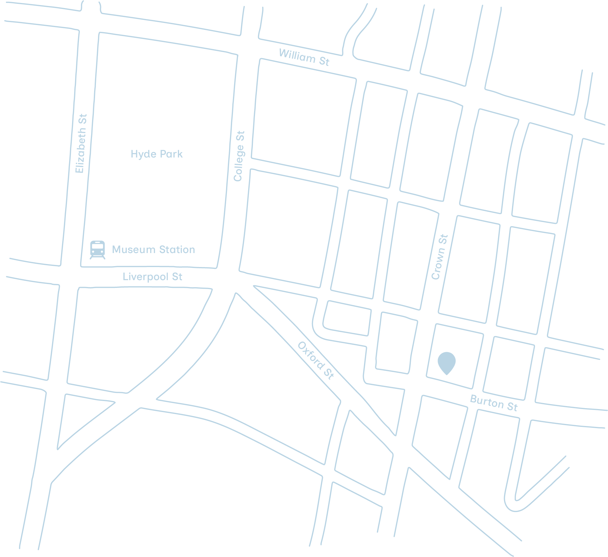 Map showing streets and locations around Hyde Park, including Museum Station on Liverpool Street, with nearby streets Elizabeth Street, William Street, College Street, Crown Street, Burton Street, Oxford Street, and Liverpool Street.