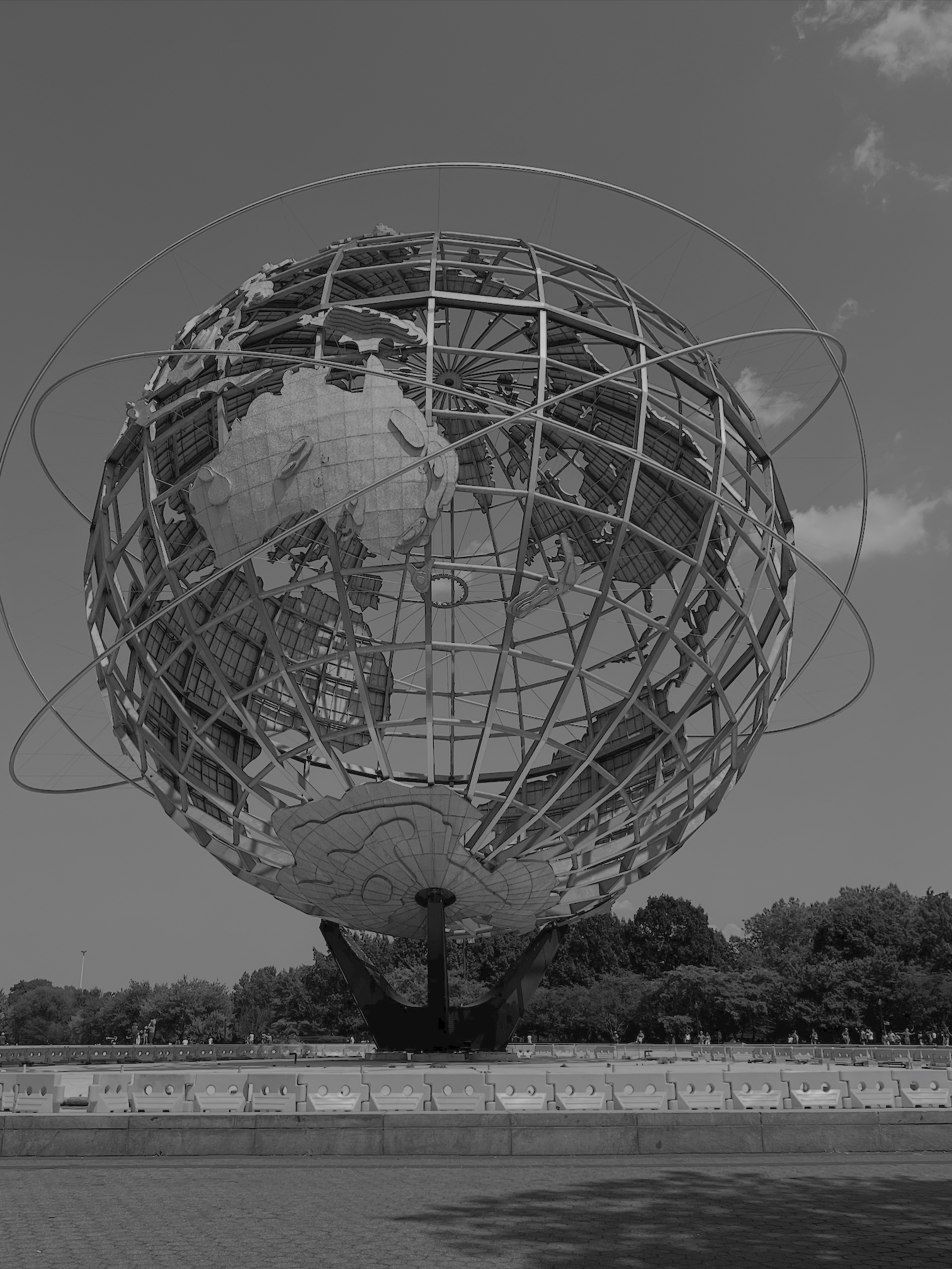 The Unisphere, a large spherical stainless steel structure representing the Earth, located in Flushing Meadows-Corona Park in New York City.