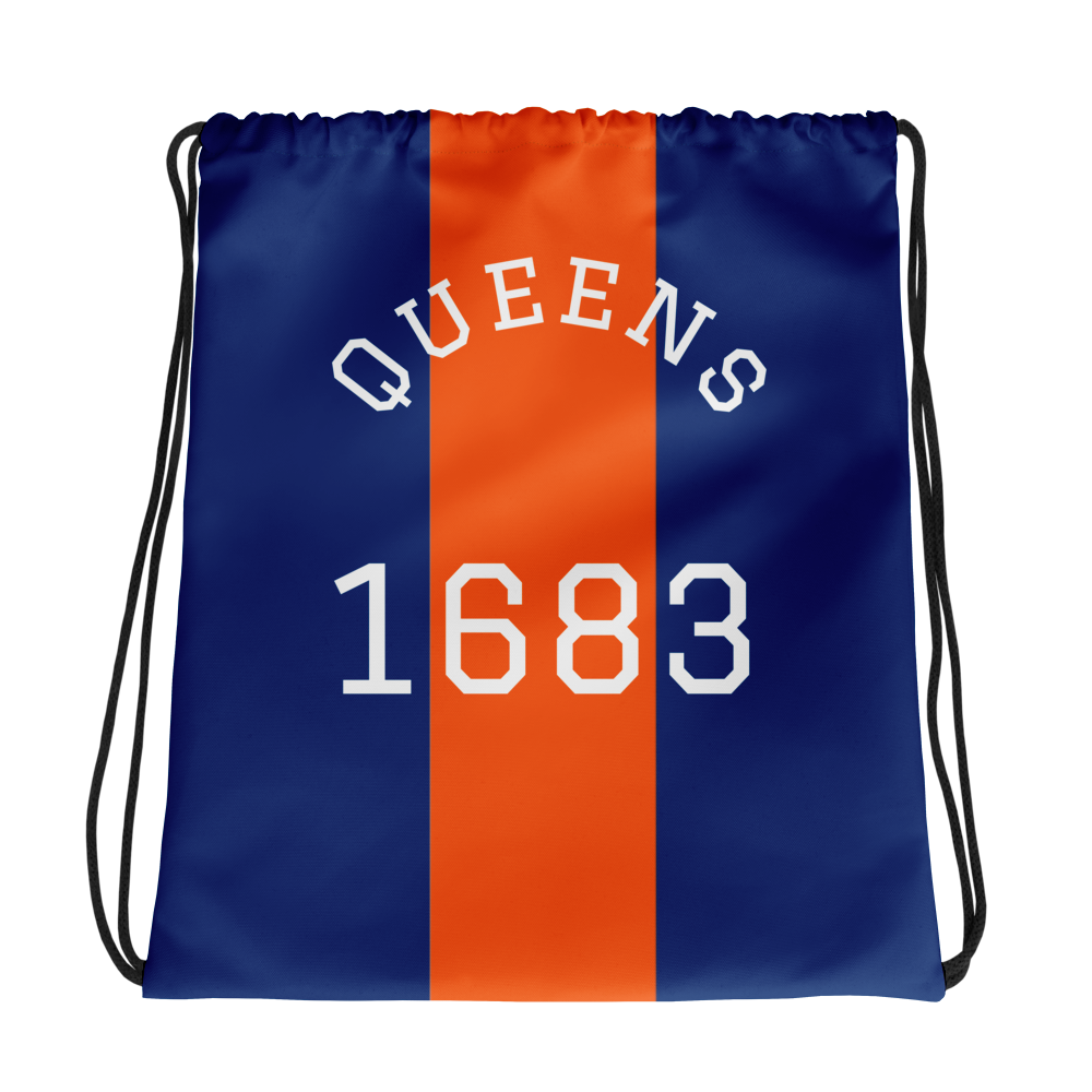 A navy blue drawstring sports bag with a central orange stripe, displaying the word 'QUEENS' and the year '1683' in white letters and numbers.