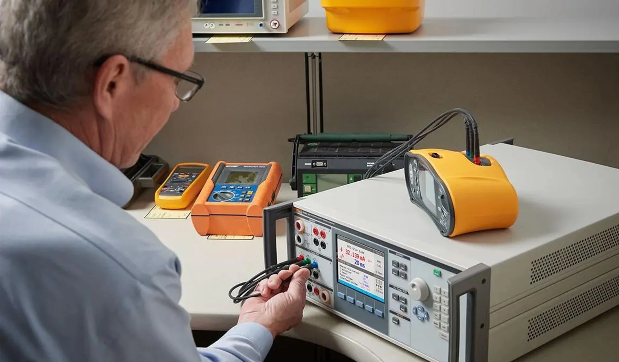 A scientist working with electronic equipment and testing devices on a workbench in a laboratory.