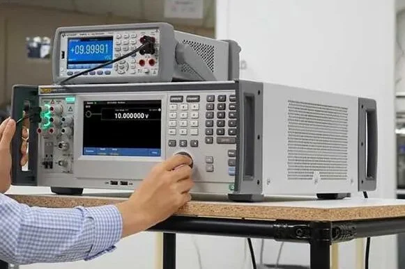 Person testing electronic equipment with oscilloscopes and power supplies on a workbench.