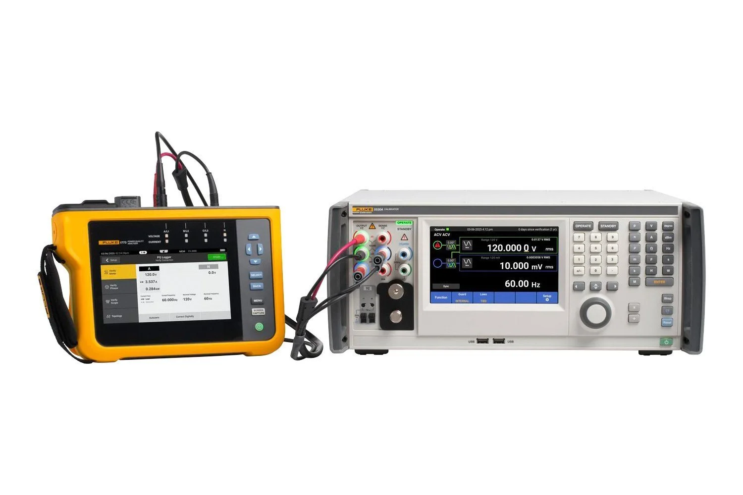 Two electronic testing devices, a yellow portable power analyzer on the left and a larger gray equipment on the right connected by cables, used for electrical measurements and testing.