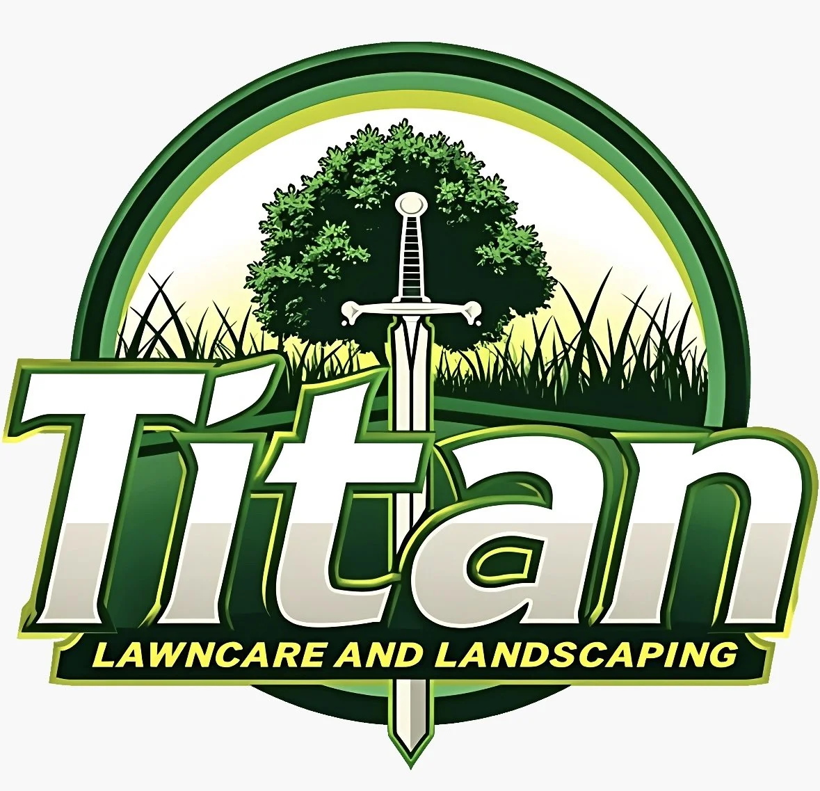 Logo with a tree and sword behind it, and the text 'Titan Lawncare and Landscaping' in green and yellow colors.