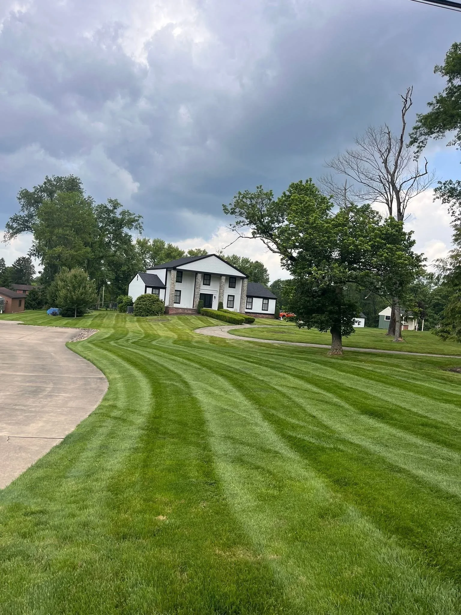 Well-maintained green lawn with striped grass, trees, a curved driveway, and a large white house under a cloudy sky.