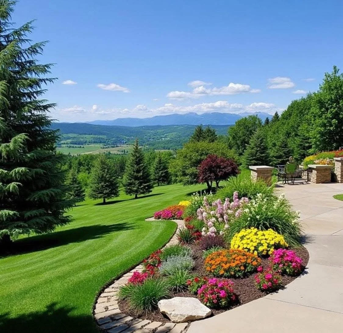 Beautiful landscaped backyard with colorful flowers, neatly trimmed lawn, trees, and mountain view in the distance on a sunny day.