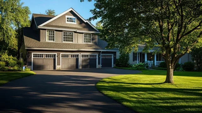 A large two-story house with three garage doors, dark exterior, black driveway, surrounded by green lawn and trees, with a clear blue sky in the background.