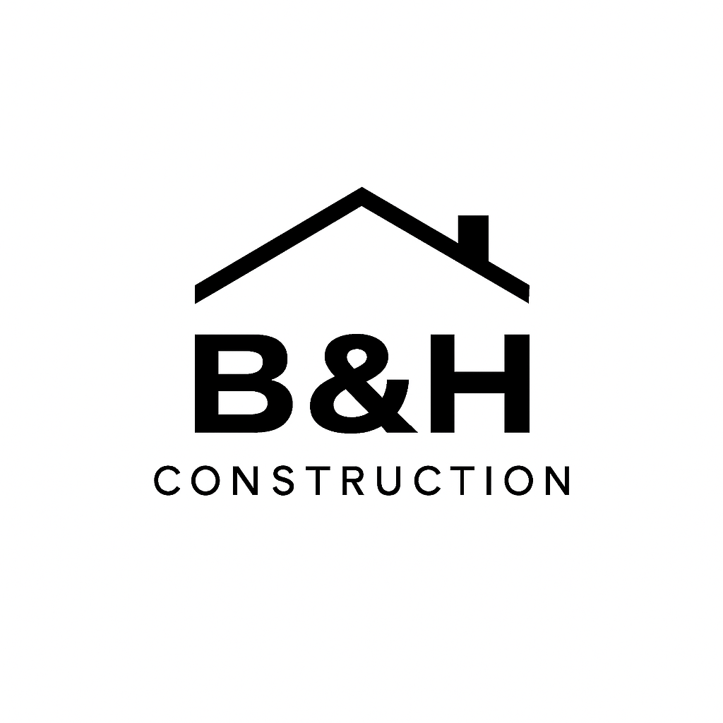 Black and white logo for B&H Construction with a house roof outline above the company name.
