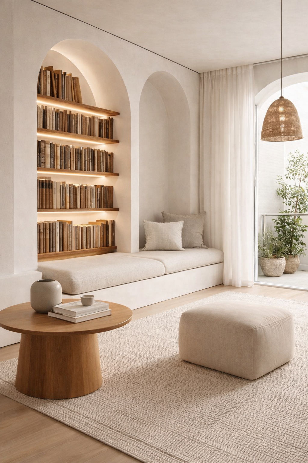 A cozy, minimalist living room with a white built-in sofa with pillows, a wooden coffee table with books and a ceramic vase, a round ottoman, a built-in bookshelf with books and lighting, white curtains, and a potted plant near a window with natural light.
