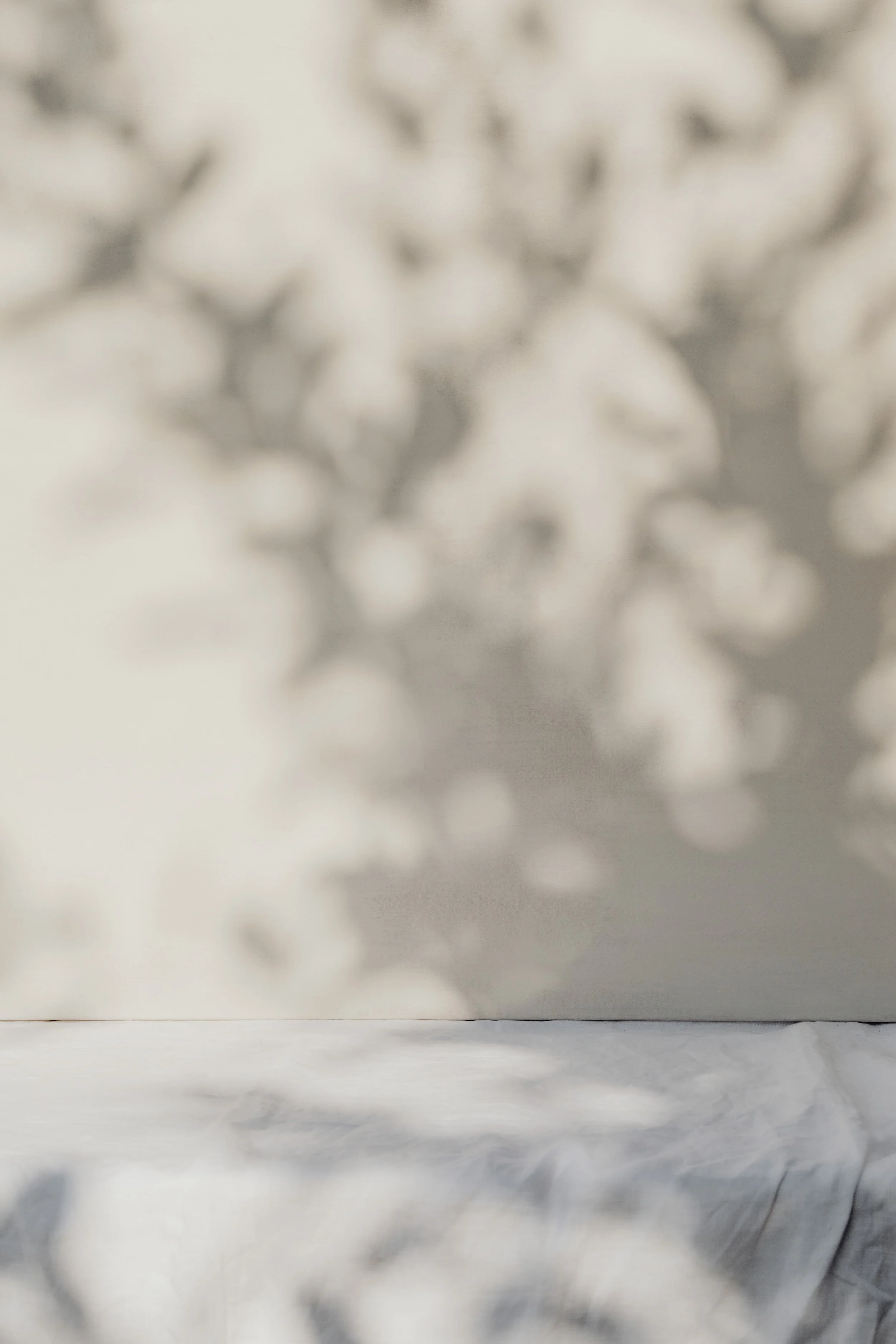 Blurred image of popcorn casting shadows on a wall and surface.