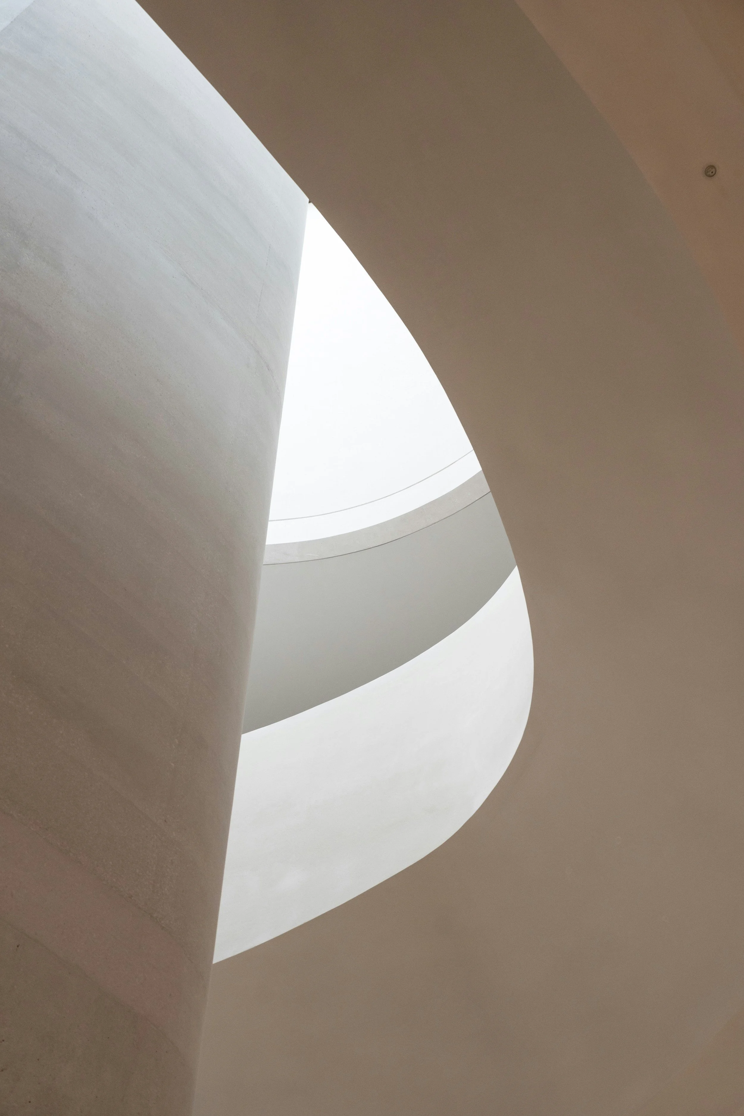 Looking up at the curved ceiling of a modern building with a circular skylight.