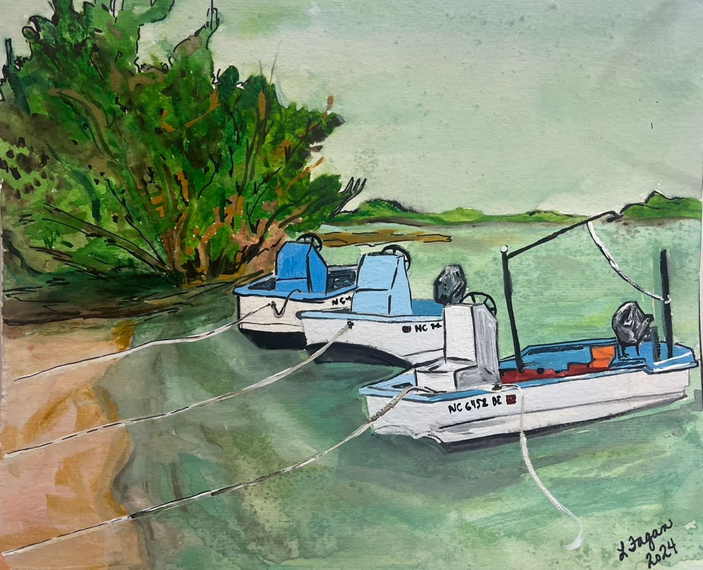 Watercolor painting of three small boats docked on a calm river near green bushes and distant land.