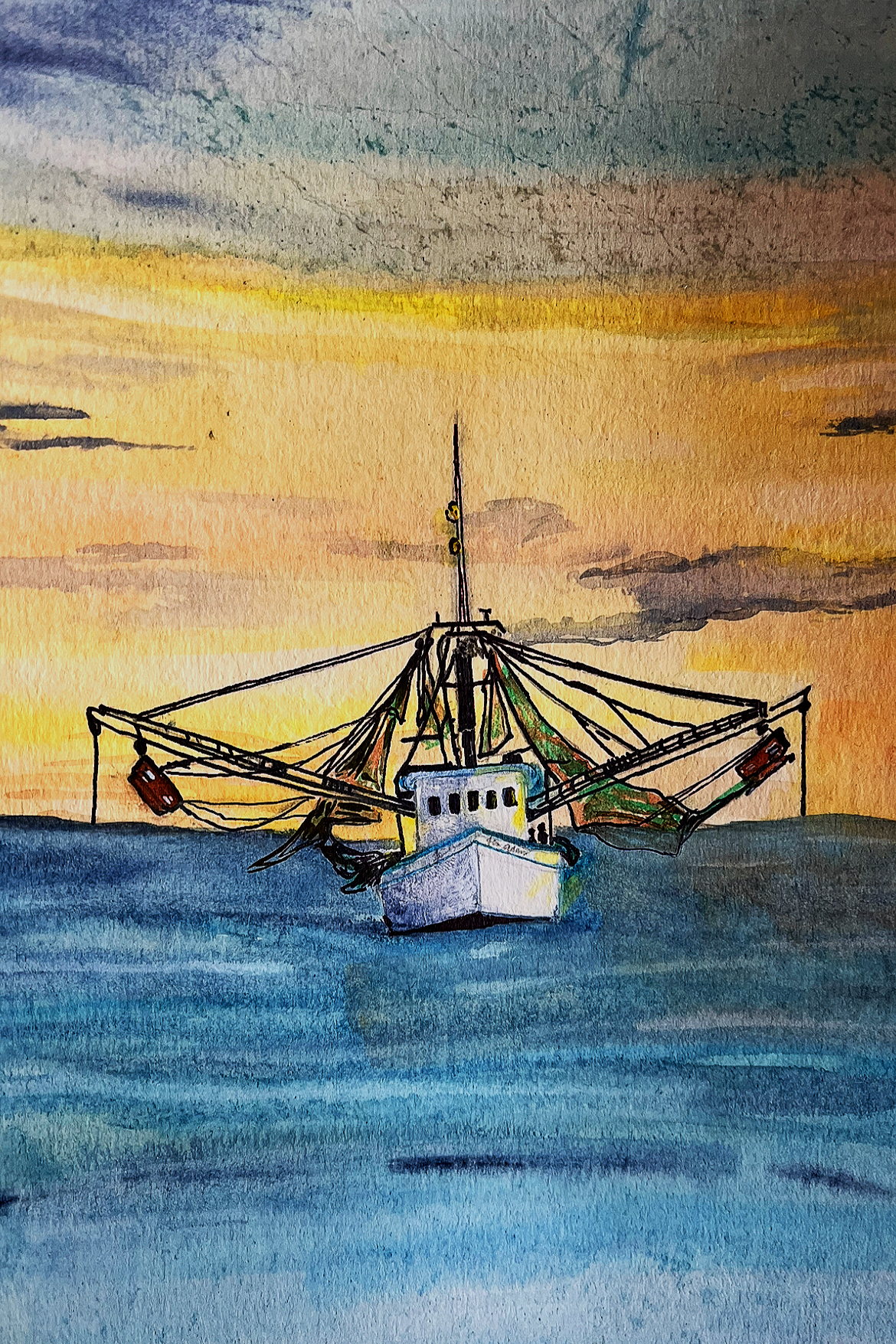 Watercolor painting of a boat on the water at sunset with colorful sky and clouds.