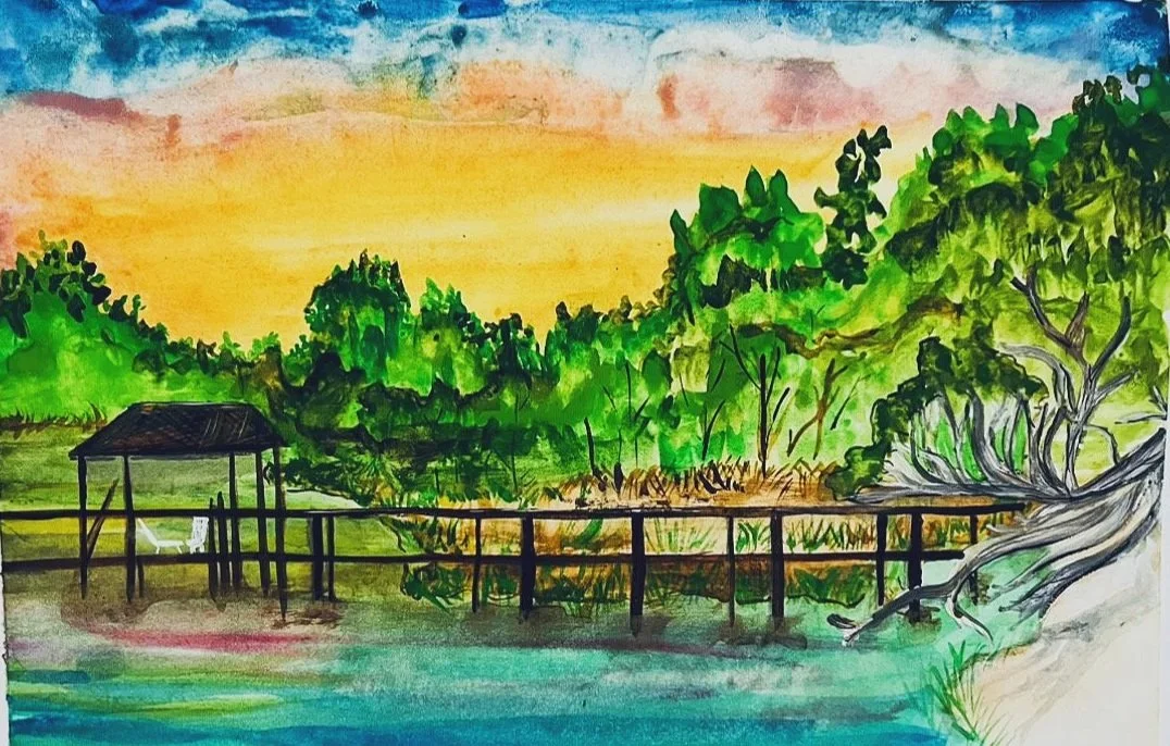 Watercolor painting of a natural landscape featuring a sunset sky, green trees, a wooden pier extending over water, a small hut on the left, and a large tree with sprawling roots on the right.