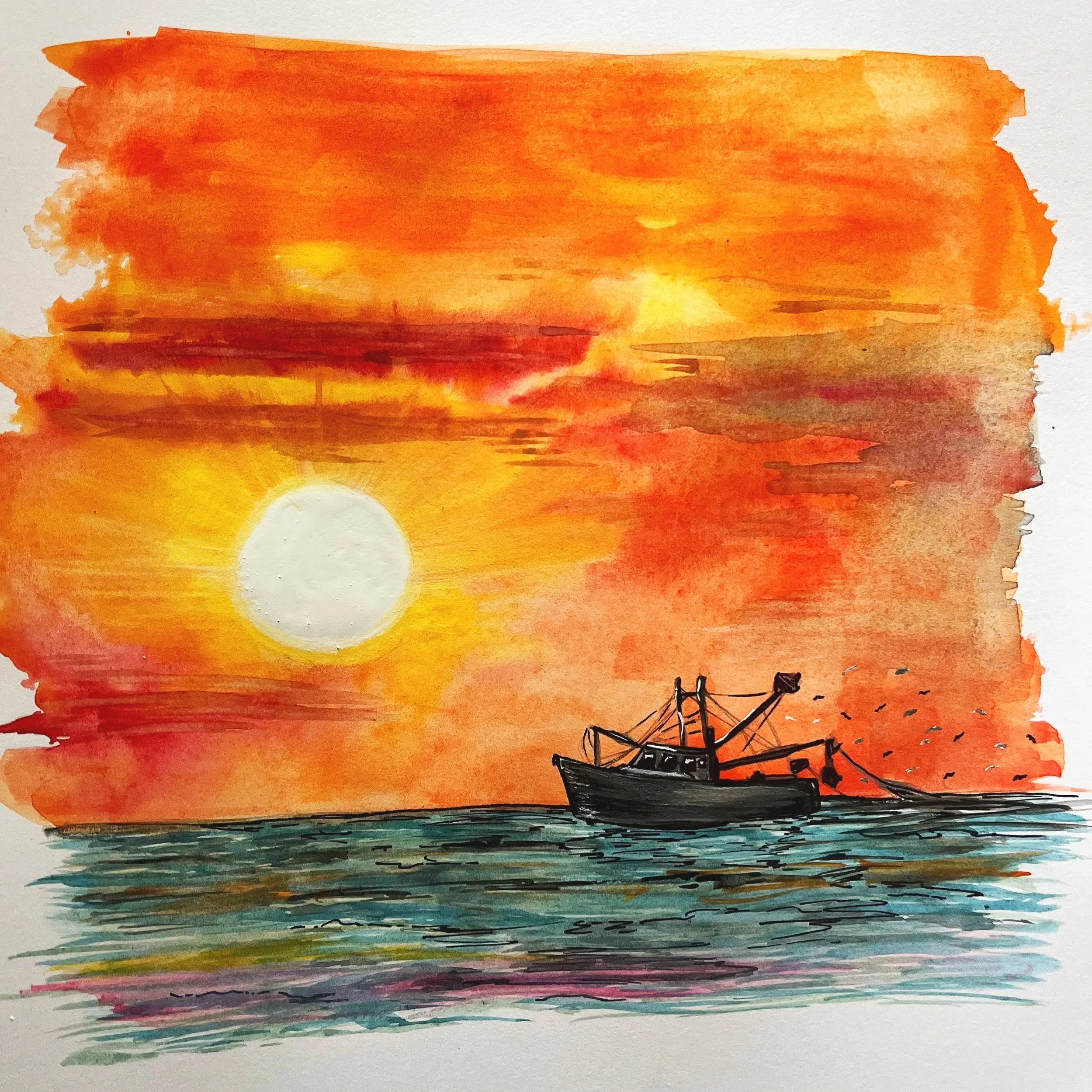 Watercolor painting of a boat sailing during a vibrant sunset with a large sun and orange-pink sky, with birds flying in the distance.