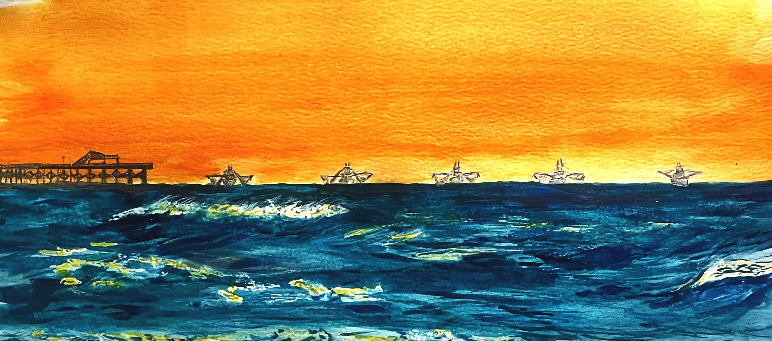 Sunset over ocean with waves and five oil drilling platforms in the distance.