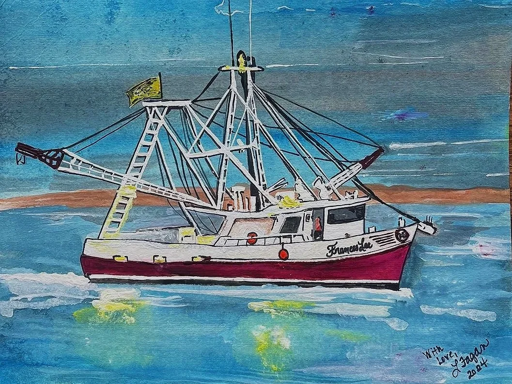 Watercolor painting of a fishing boat on the water with a shoreline in the background. The boat is white with a red bottom and has the name "Franceska" written on the side. It features masts, rigging, and a yellow flag. The water reflects the boat an