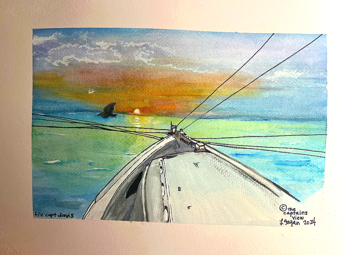 Watercolor painting of a boat's bow on the ocean during sunset, with a bird flying nearby. The sky has vibrant colors, and the horizon shows the sun setting over the water.