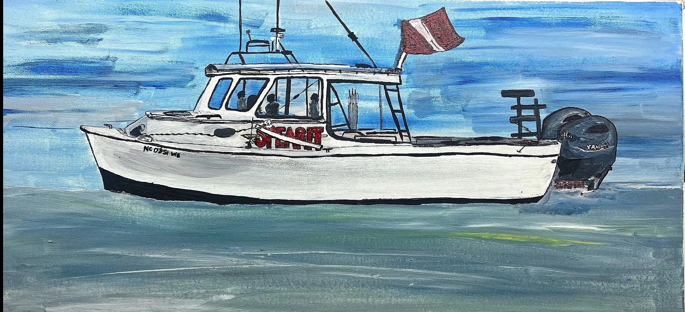 A painted illustration of a fishing boat on water, with a red and white flag and a sign that reads "SOLD" on the boat.