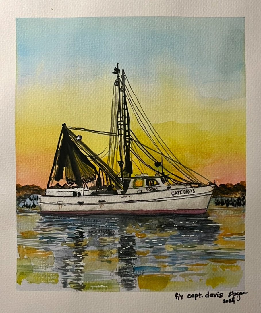 Watercolor painting of a boat named 'Capt. Davis' on calm water during sunset with a pastel sky and reflections in the water.