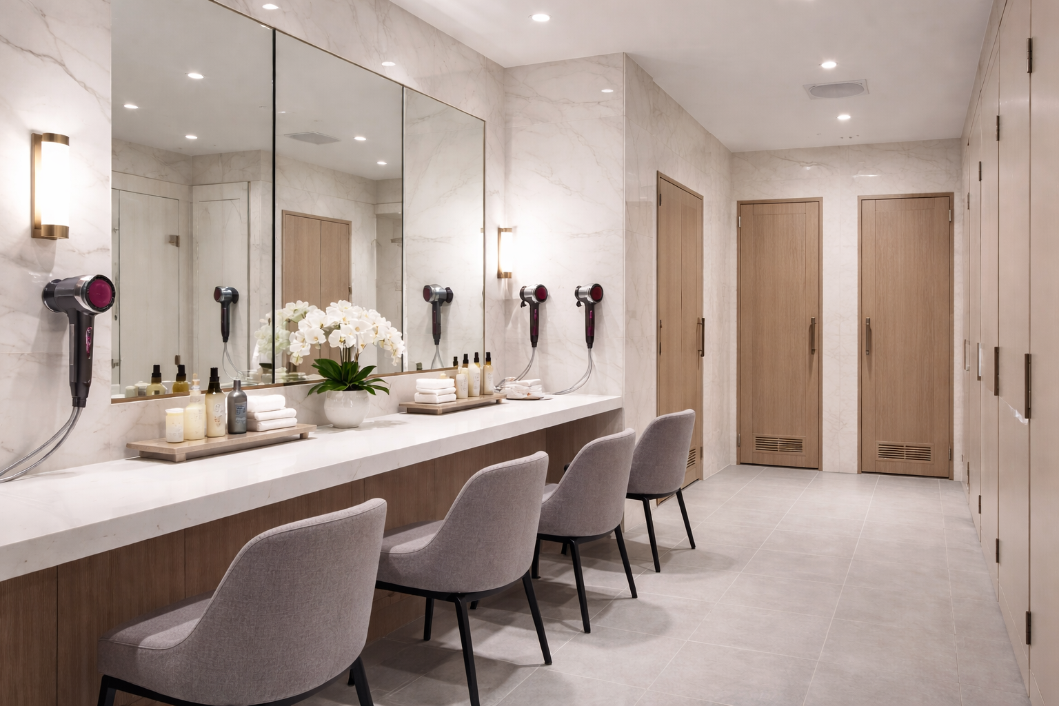 Indoor Tennis Club changing room with high class design, mirrors, chairs, blow dryers.