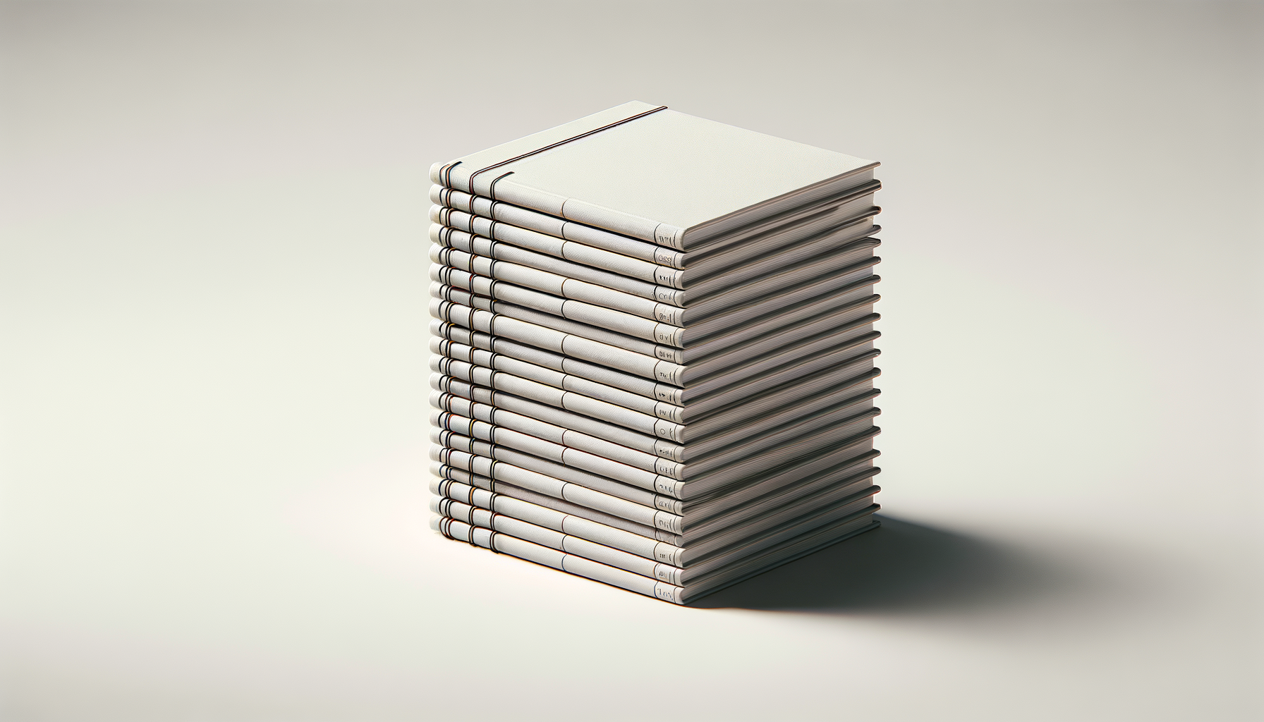 Stack of white magazines or notebooks with black and red bindings on a light background.