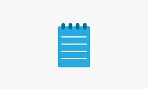 Blue notepad icon with a spiral binding at the top and horizontal lines representing writing.