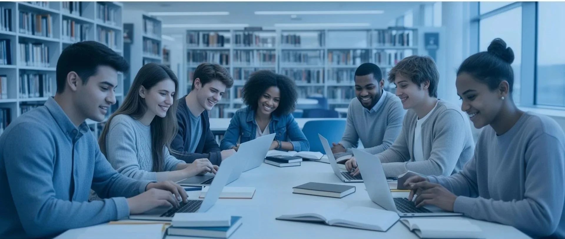 Group of young adults sitting around a table in a library, working on laptops and smiling.