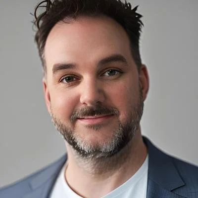 A man with dark hair and a beard, wearing a suit jacket and a white shirt, smiling at the camera.
