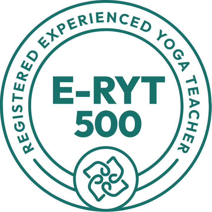 Seal or badge with the text 'Registered Experienced Yoga Teacher E-RYT 500' and a symbol of two joined hands.
