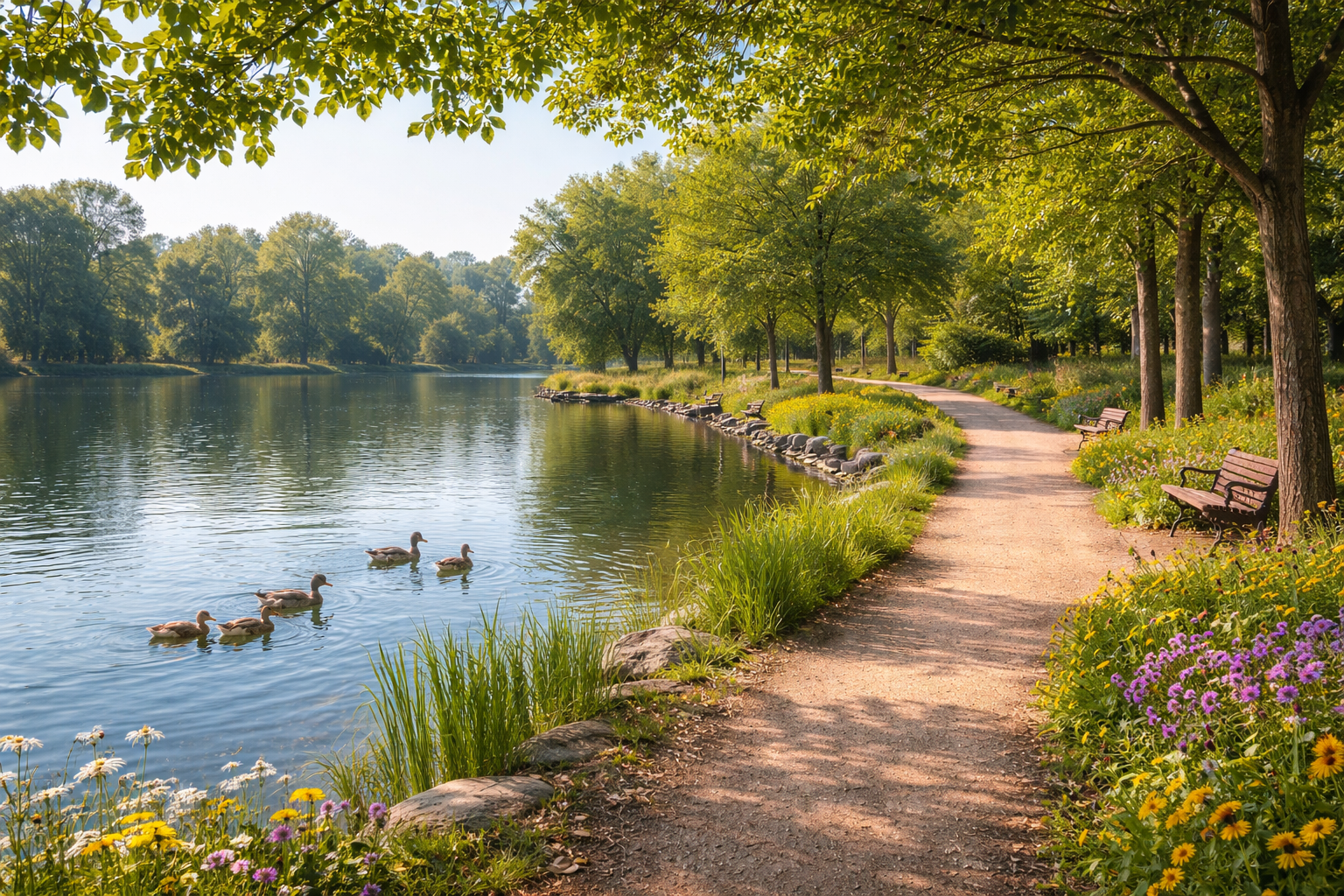 A peaceful lakeside scene with ducks swimming in the water, a dirt walking path lined with trees and colorful flowers, and park benches along the trail on a sunny day.
Clean Park Trail Serivce Park Cleaning Trash Removal