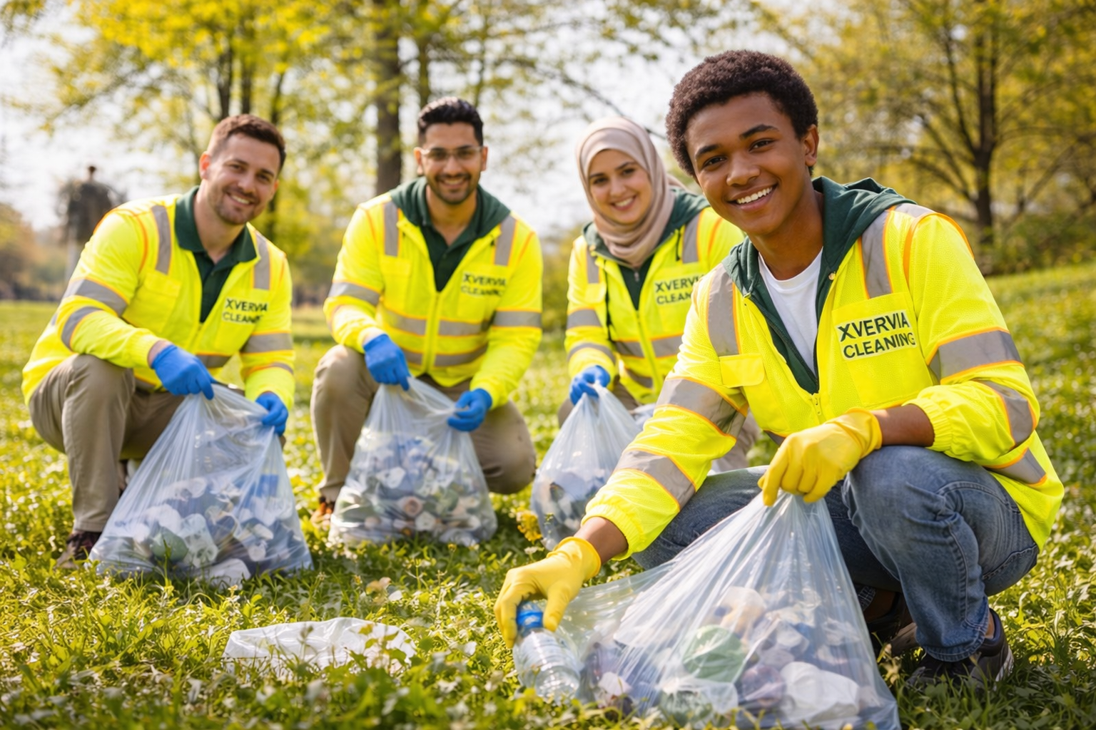 Group of five volunteers wearing yellow reflective jackets and blue gloves, picking up trash with garbage bags outdoors in a park.